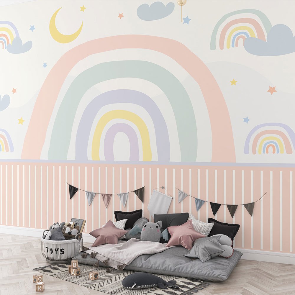 Papier peint arc-en-ciel à bordure rayée rose poudré et menthe