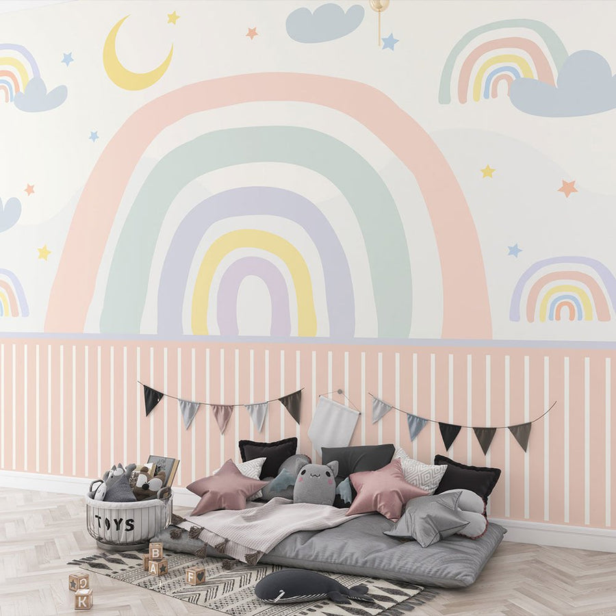 Papier peint arc-en-ciel à bordure rayée rose poudré et menthe