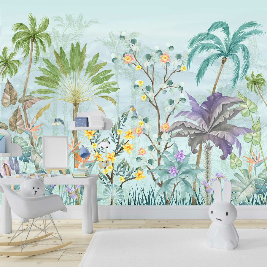 Papier peint fleurs de coton et enfant joyeux sur fond bleu