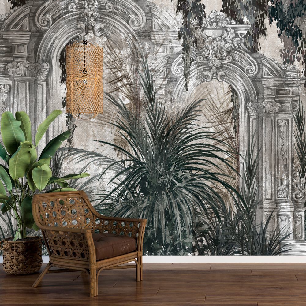 Papier peint colonnes et portes sculptées avec arbres