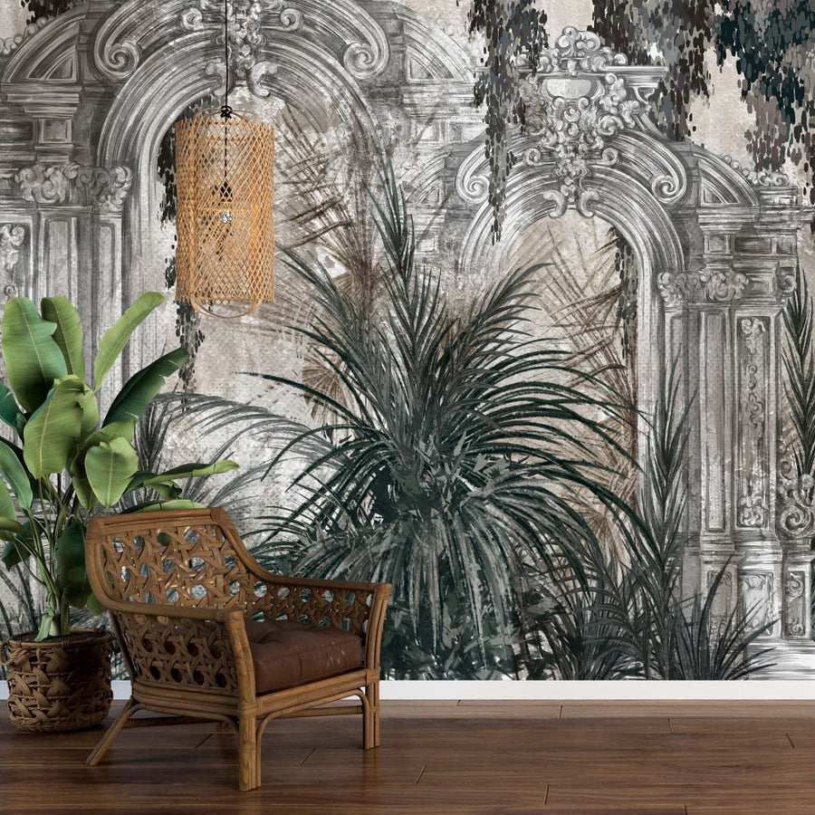 Papier peint colonnes et portes sculptées avec arbres