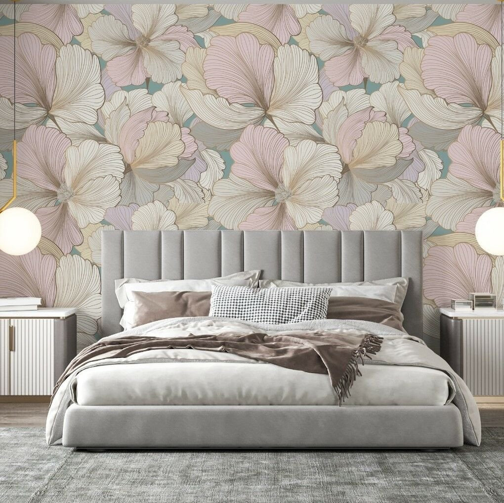 Papier peint fleurs roses sur fond bleu