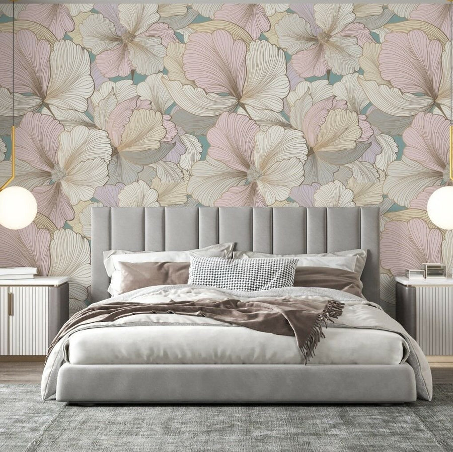 Papier peint fleurs roses sur fond bleu