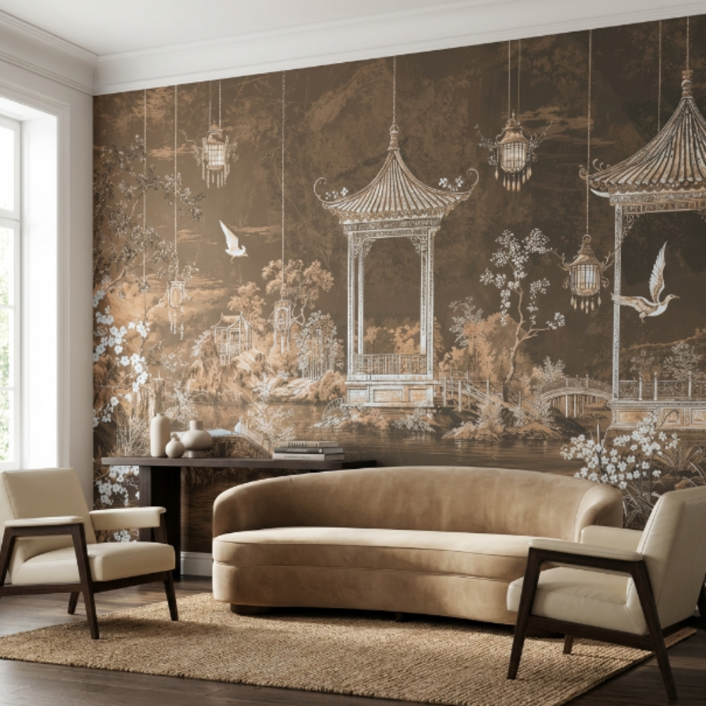 Papier peint paysage de pavillon au jardin oriental – Serenity Beige