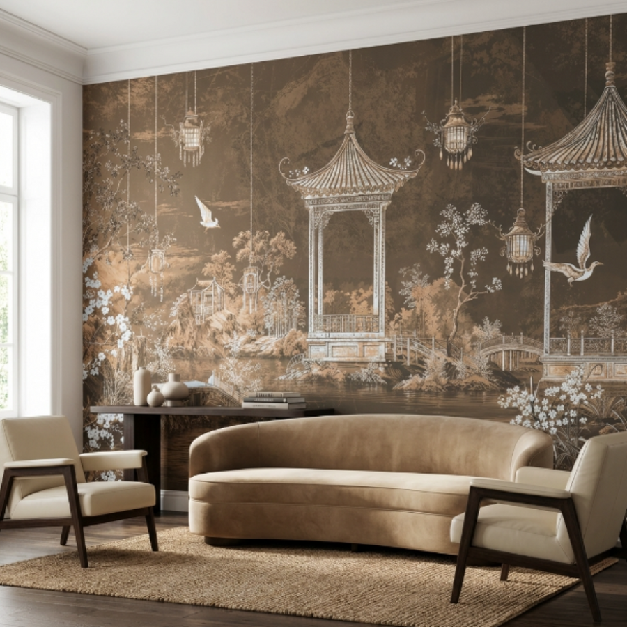 Papier peint paysage de pavillon au jardin oriental – Serenity Beige