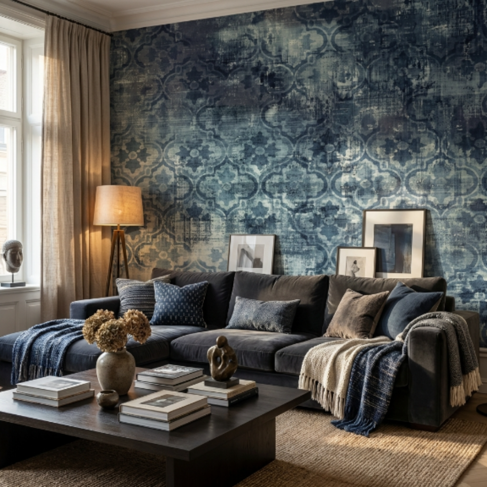 Old Damask Lacivert Duvar Kağıdı