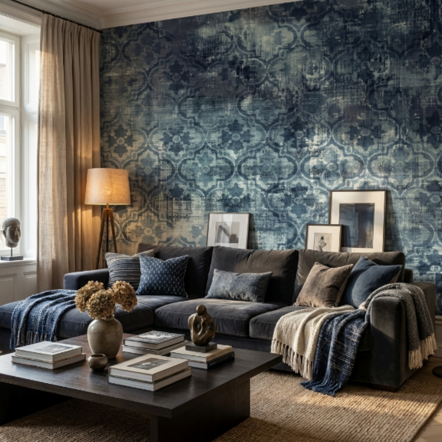 Old Damask Lacivert Duvar Kağıdı