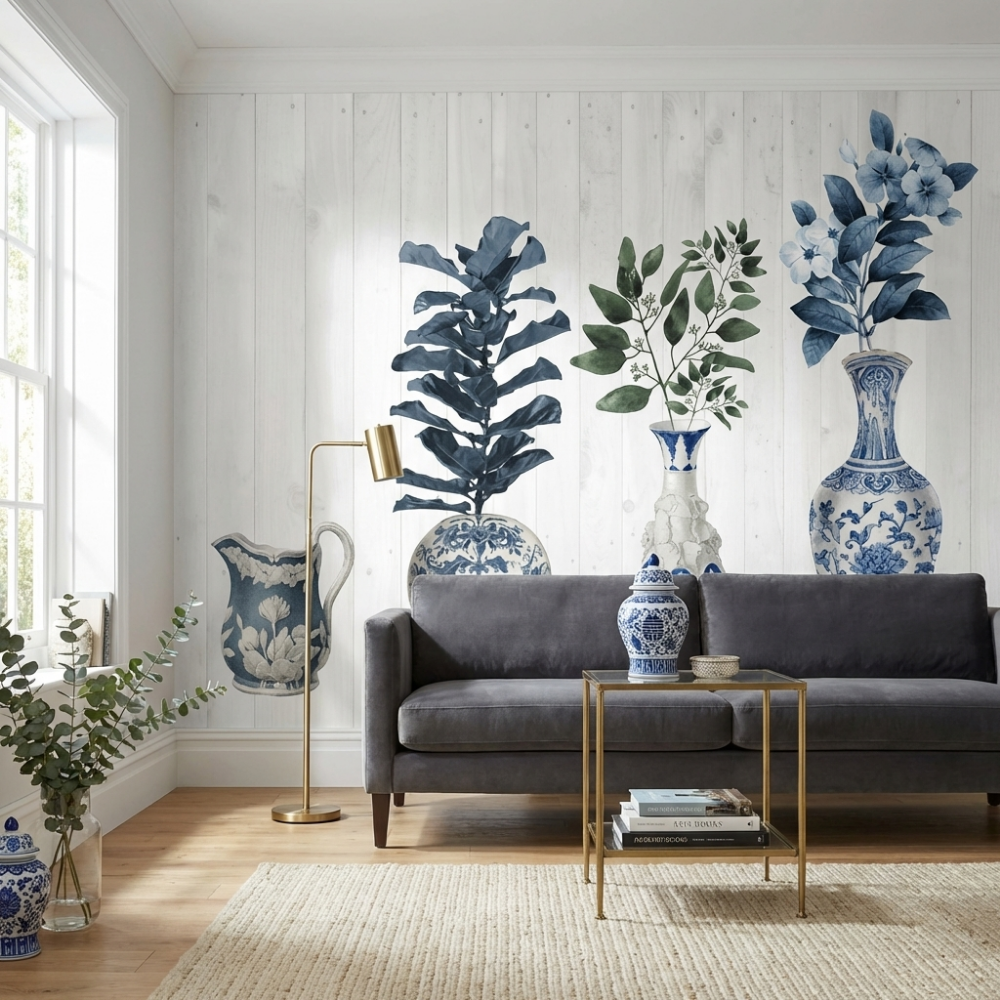 Papier peint vases de style ancien bleus