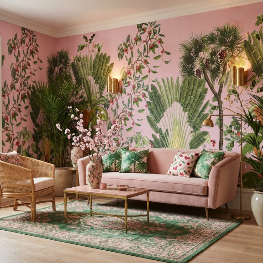Papier peint grandes feuilles sur fond lilas