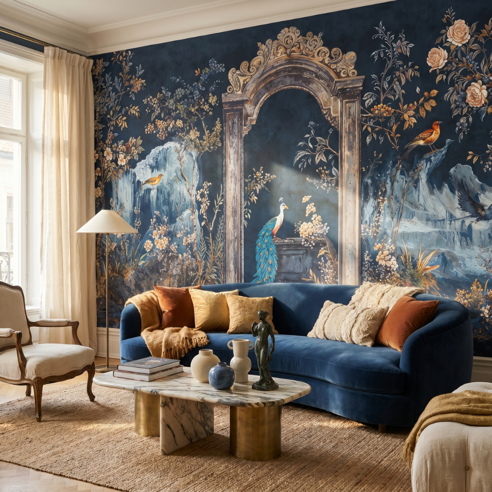Papier peint paysage du jardin royal aux paons