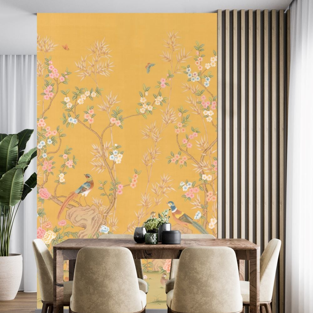 Papier peint fleuri sur fond safran, série Sakla Beni