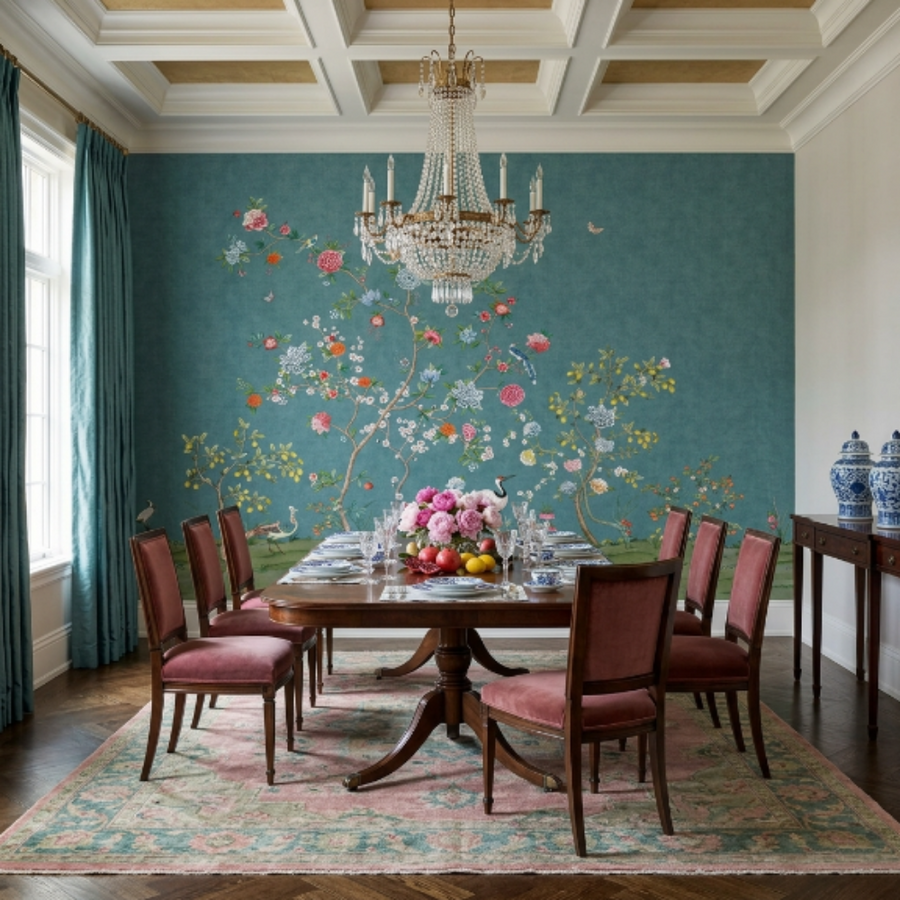 Panneau mural Eijfinger fleurs et oiseaux sur fond bleu