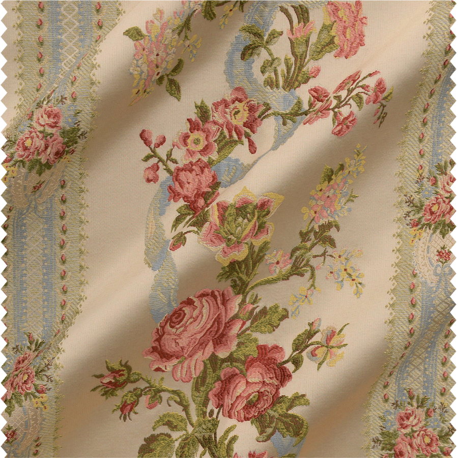 Tissu d'ameublement à rayures et roses façon point de croix
