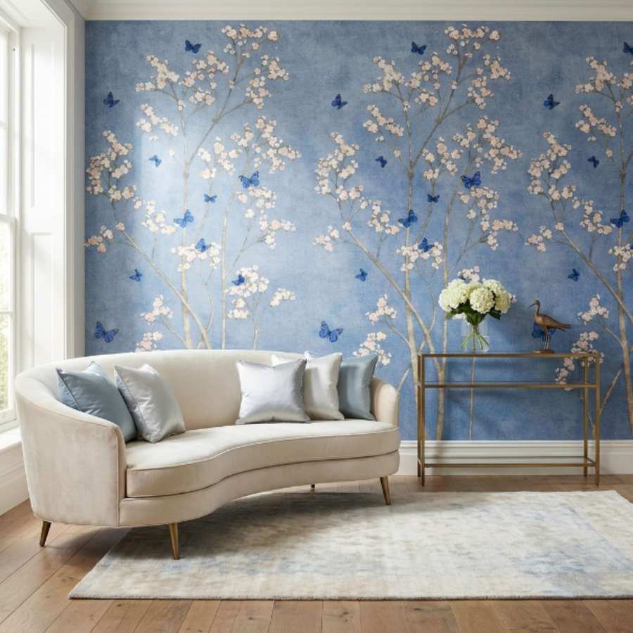 Papier peint fleurs blanches et papillons sur fond bleu