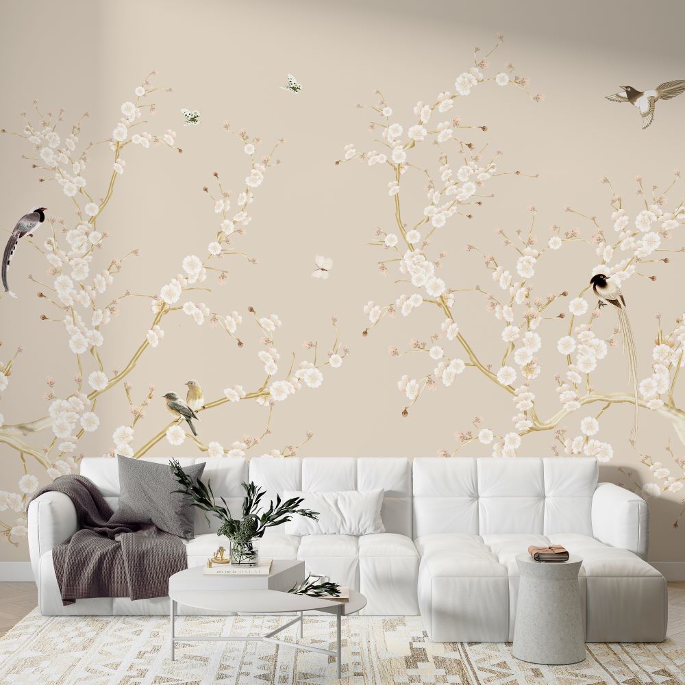 Papier peint faisans posés sur les fleurs