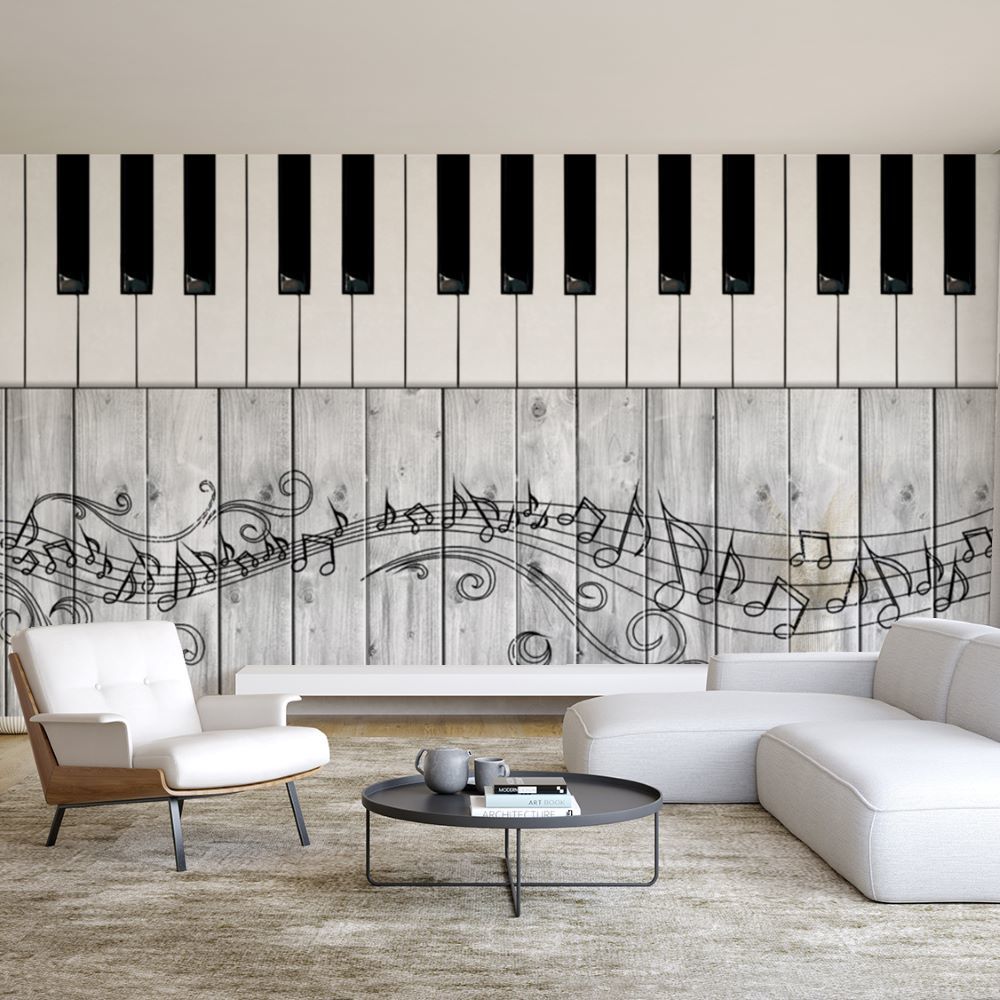 Piyano tuşları ve müzik notaları desenli salon duvar kağıdı