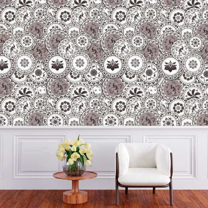 Papier peint motif ethnique brun et blanc