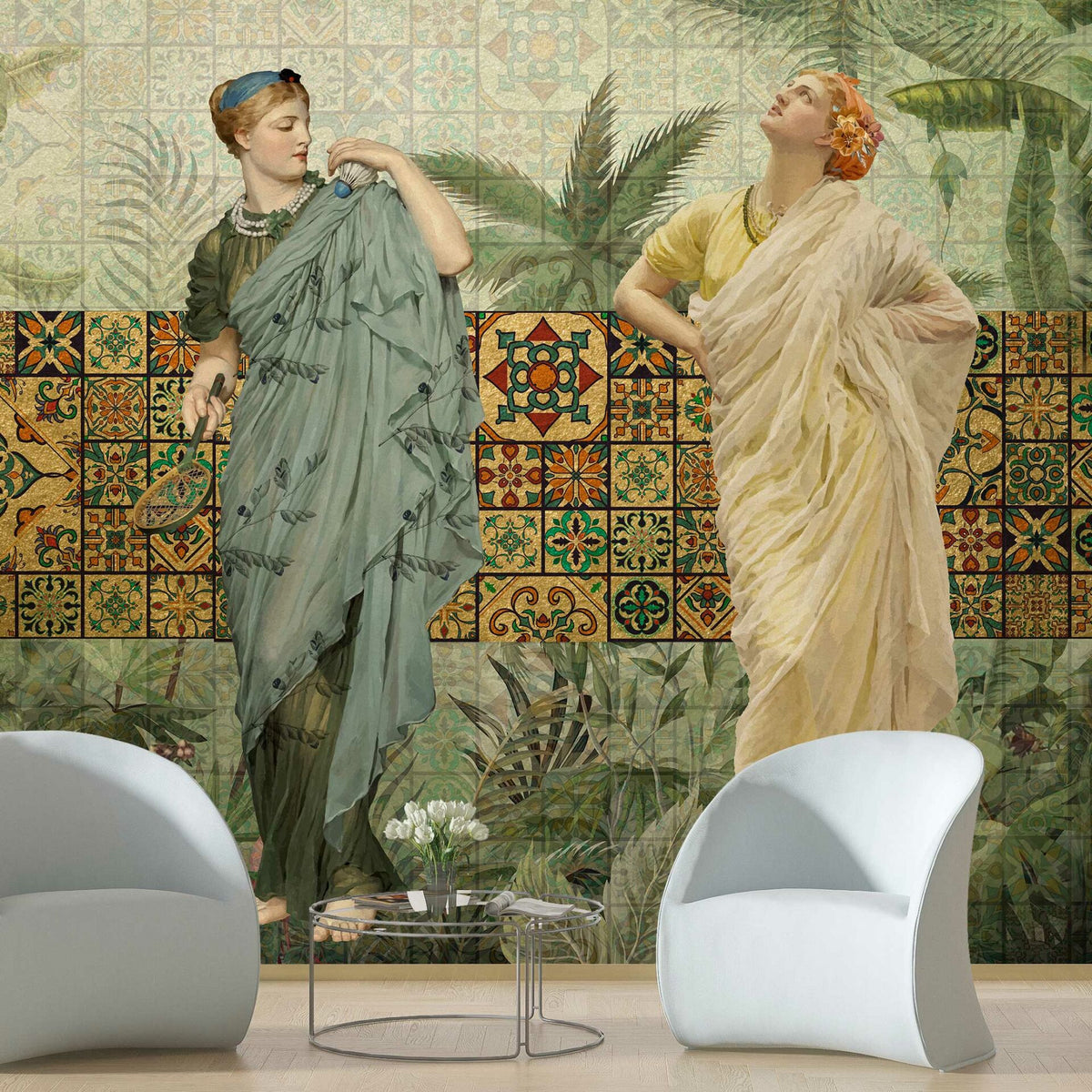 Papier peint femmes en tenue antique et feuillages