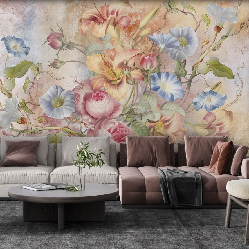 Papier peint fleurs grimpantes colorées