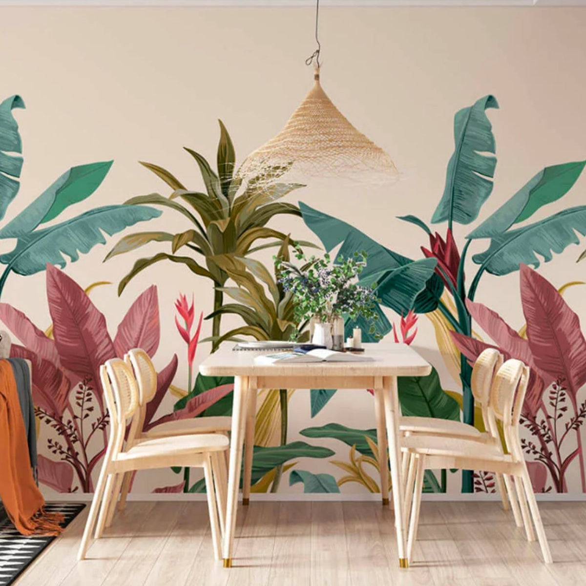 Papier peint arbres et feuillages tropicaux colorés