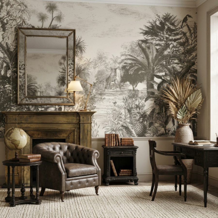 Panneau mural Eijfinger couple de girafes noir et blanc dans la forêt tropicale