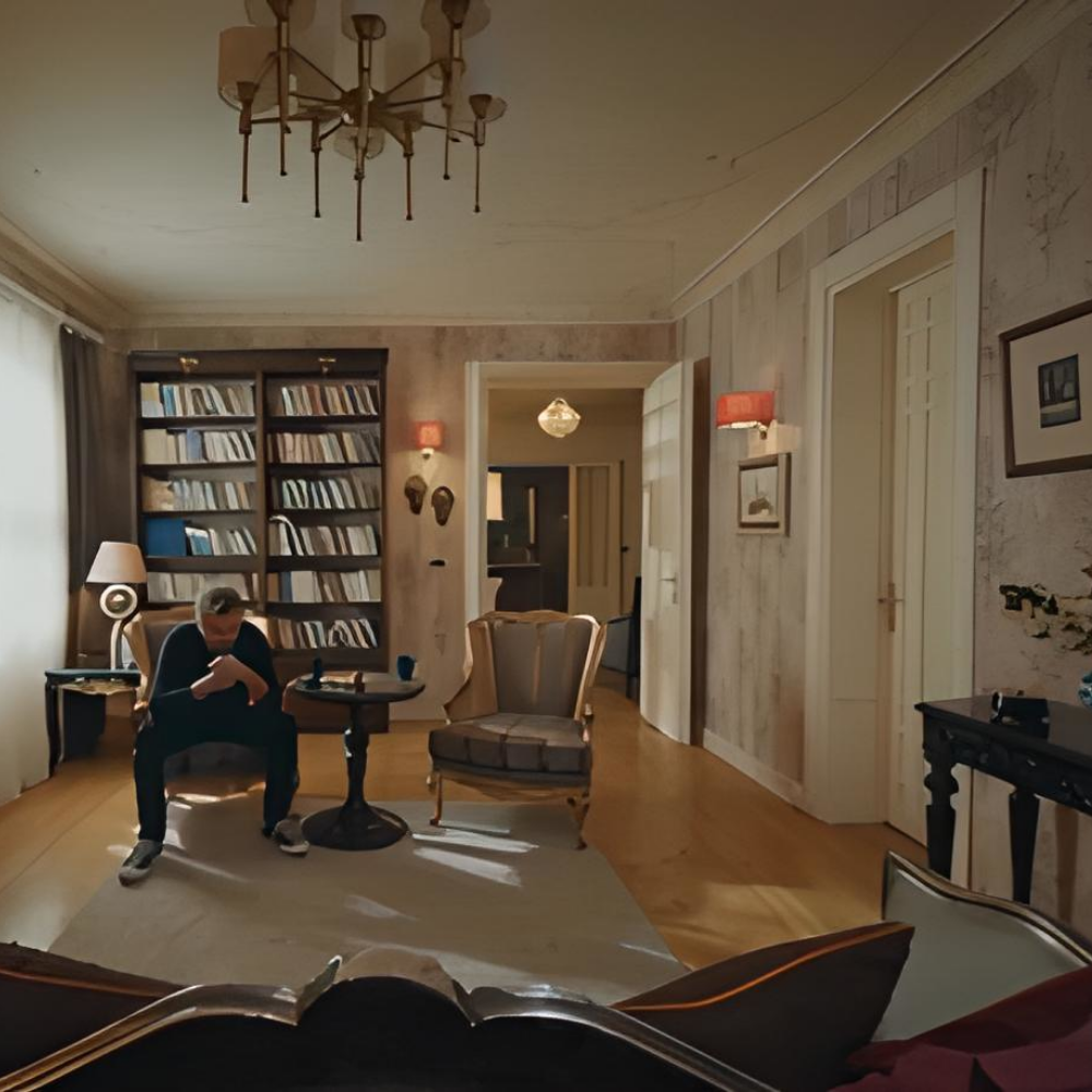 Papier peint arbres sur fond beige du bureau de Tamer (Engin Altan Düzyatan), série Çöp Adam