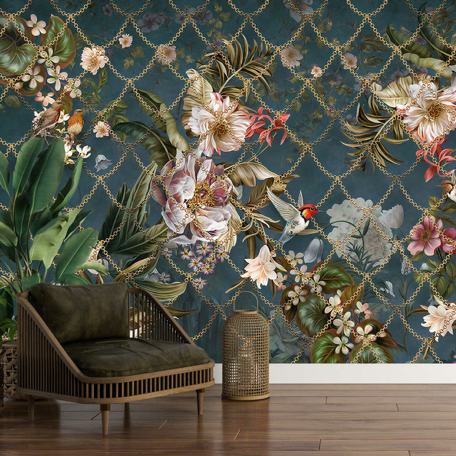 Papier peint magnolias, petits oiseaux et chaînes dorées