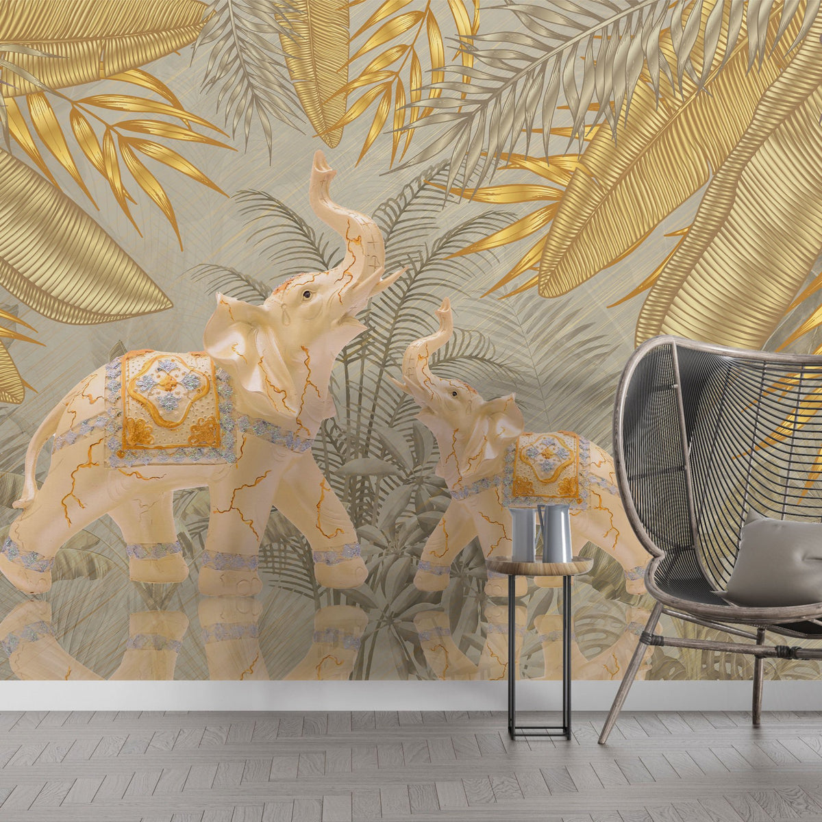 Papier peint feuilles tropicales dorées et éléphants aux détails dorés