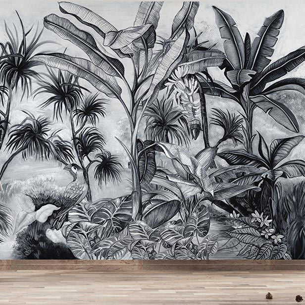 Papier peint arbres tropicaux dessinés noir et blanc