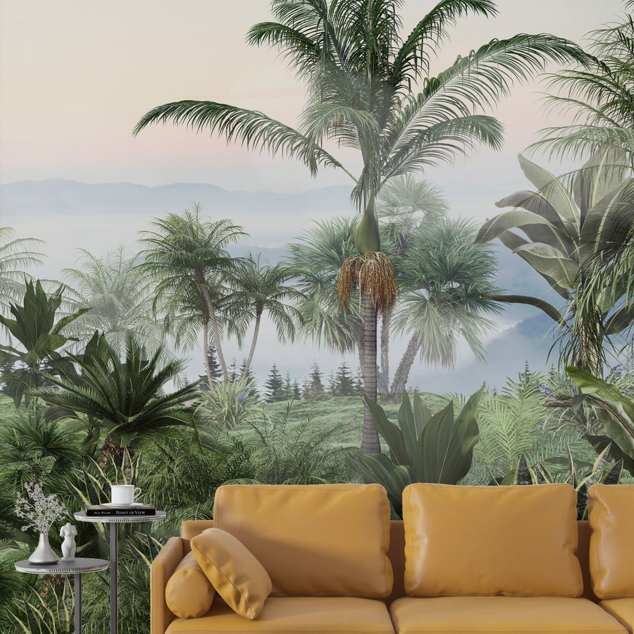 Papier peint bananiers tropicaux et paysage de montagne