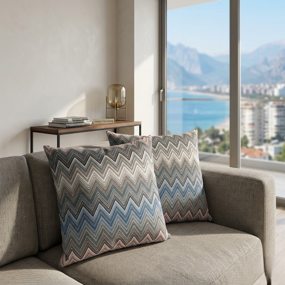Coussin décoratif à motif zigzag bleu et gris