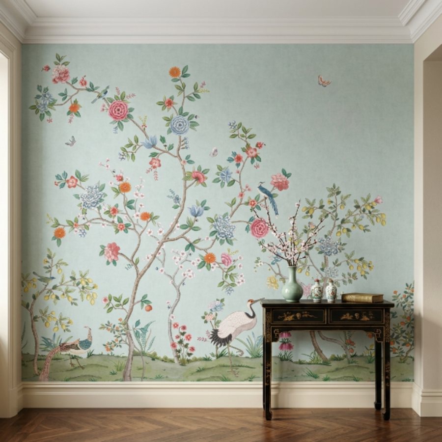 Panneau mural Eijfinger fleurs et oiseaux sur fond bleu glacier