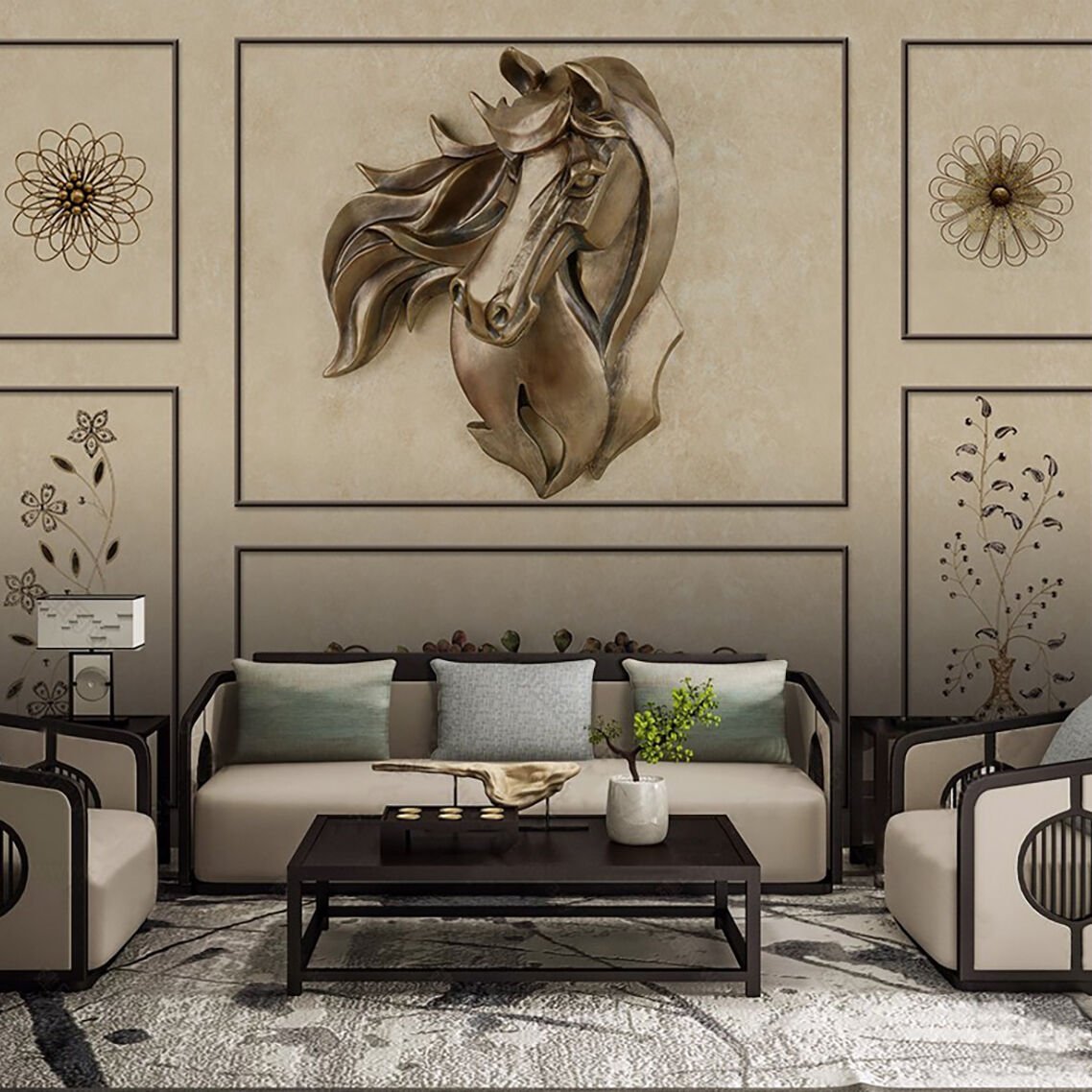 Papier peint relief cheval et fleurs entre lattes
