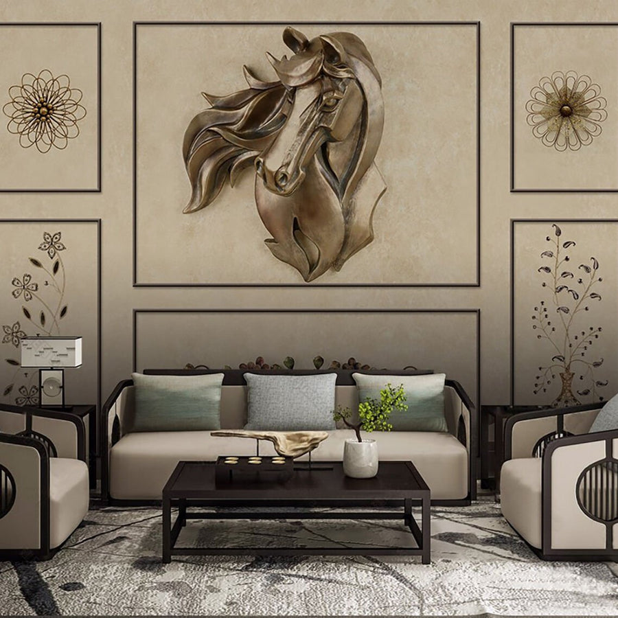 Papier peint relief cheval et fleurs entre lattes