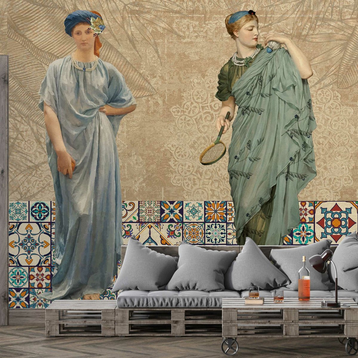 Papier peint femmes en tenue antique et feuillages sur fond beige