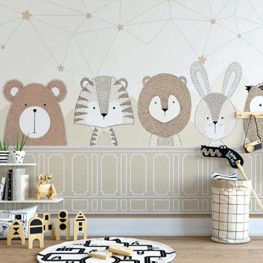 Papier peint hibou et ours sur fond doux