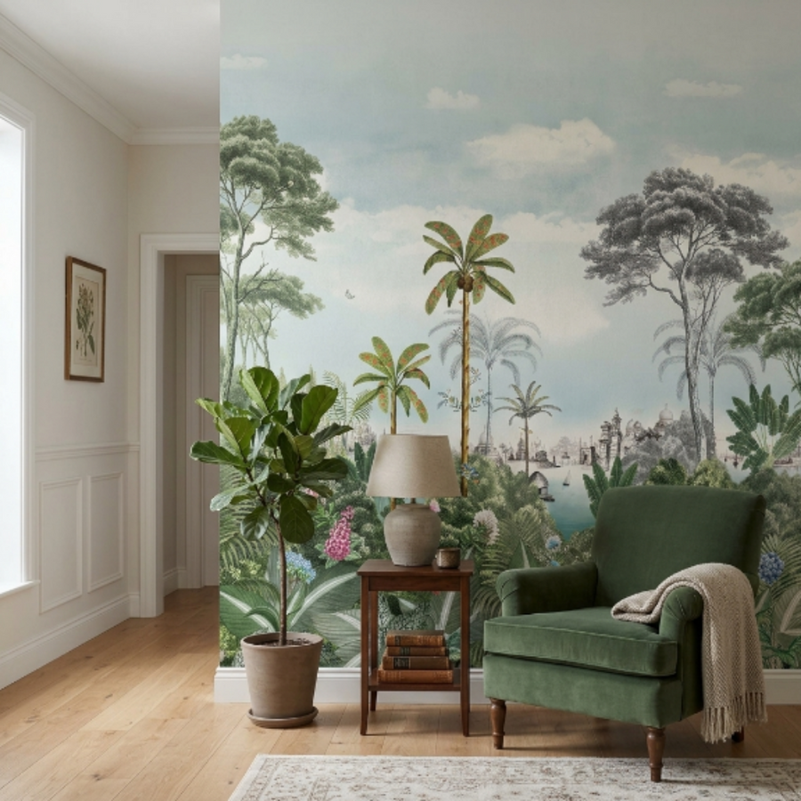 Panneau mural Eijfinger palais et mer parmi les arbres tropicaux