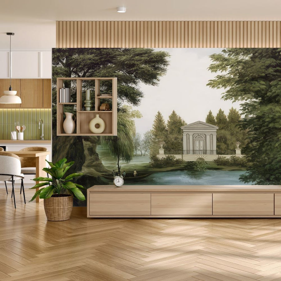 Papier peint lac et maison au milieu des arbres
