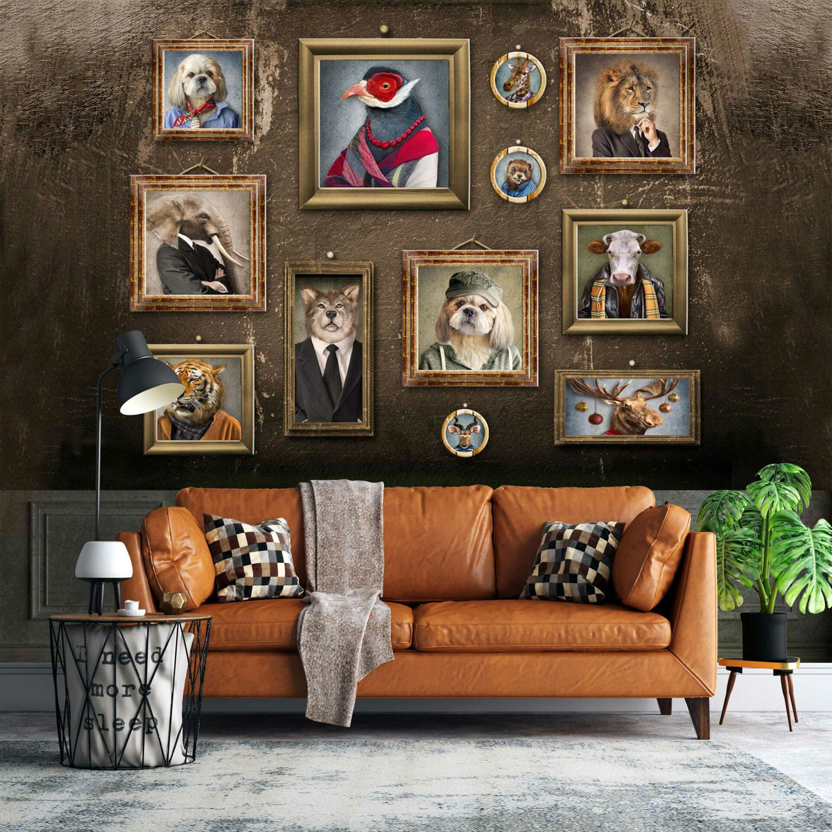 Papier peint portraits d'animaux encadrés sur fond brun