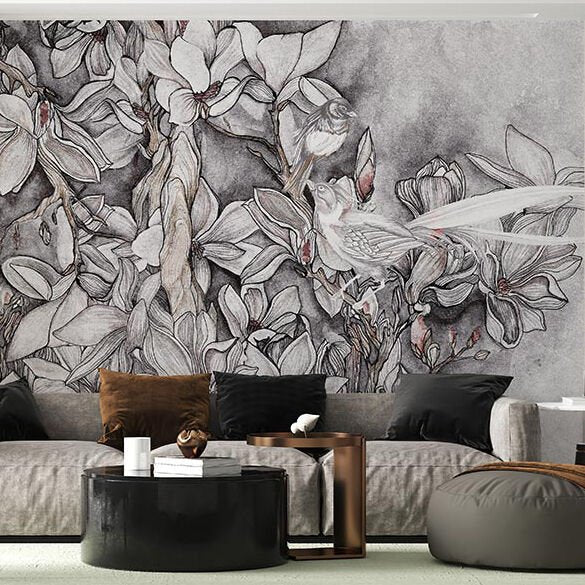 Papier peint fleurs dessinées aux couleurs douces