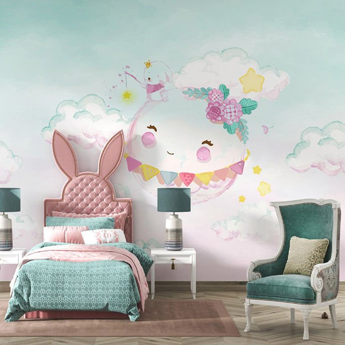 Papier peint chambre d'enfant Uva lapin adorable tenant une étoile