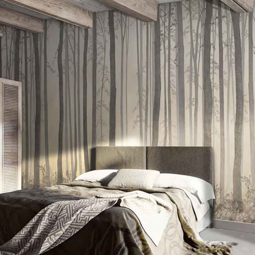 Papier peint troncs d'arbres dans la forêt brumeuse