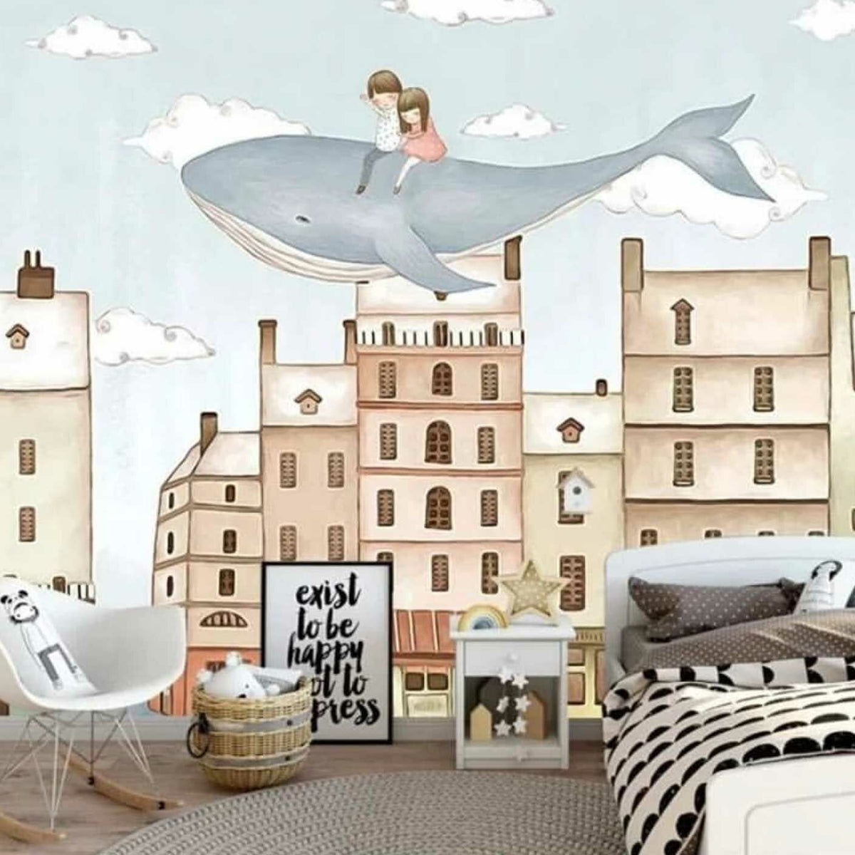 Papier peint enfants chevauchant une baleine volante
