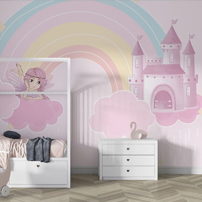 Papier peint princesse et son château sur les nuages sous l'arc-en-ciel