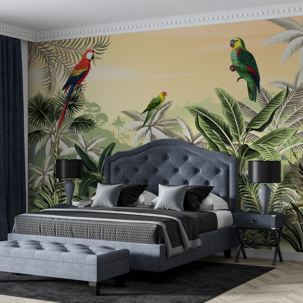 Papier peint oiseau de paradis et perroquet tropical
