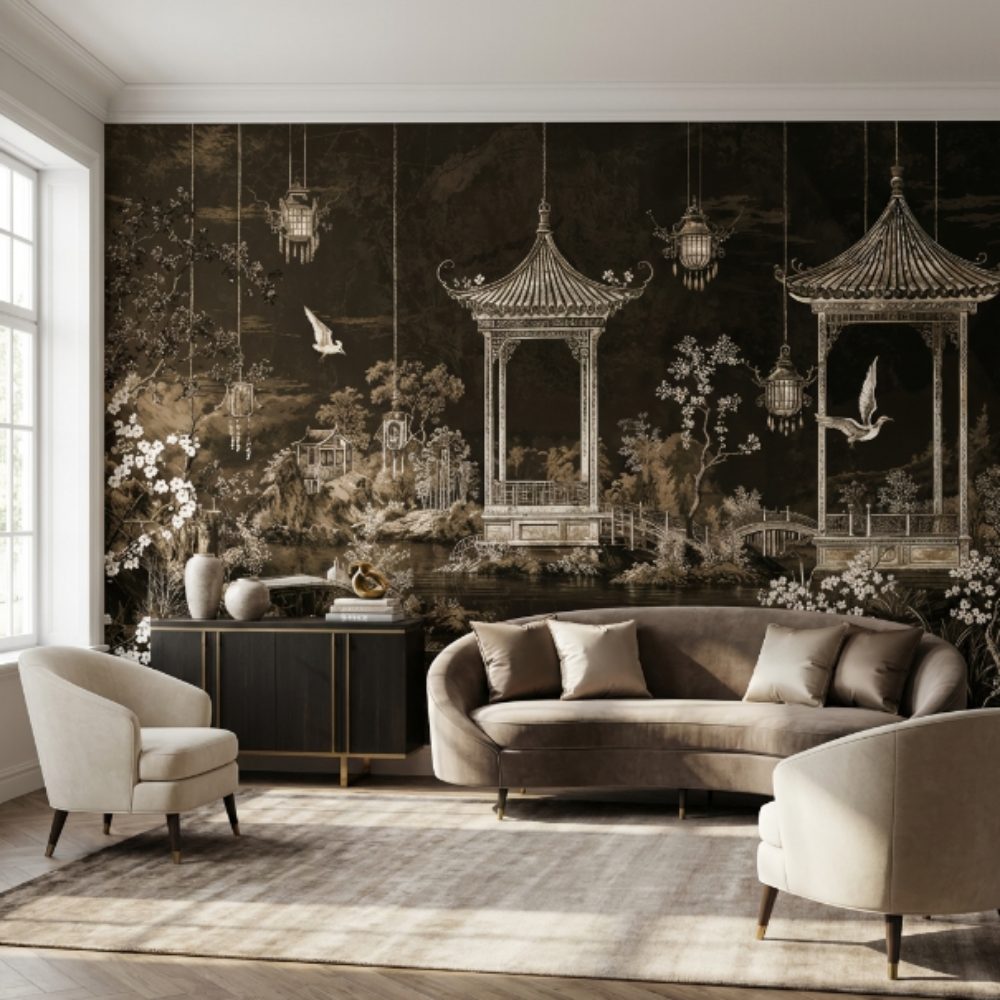 Papier peint paysage de pavillon au jardin oriental – Imperial Mocha
