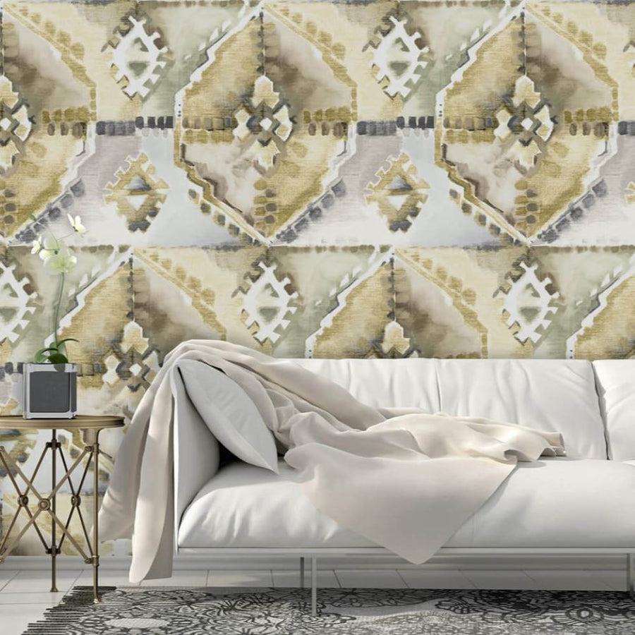 Papier peint motif ethnique moutarde et tabac