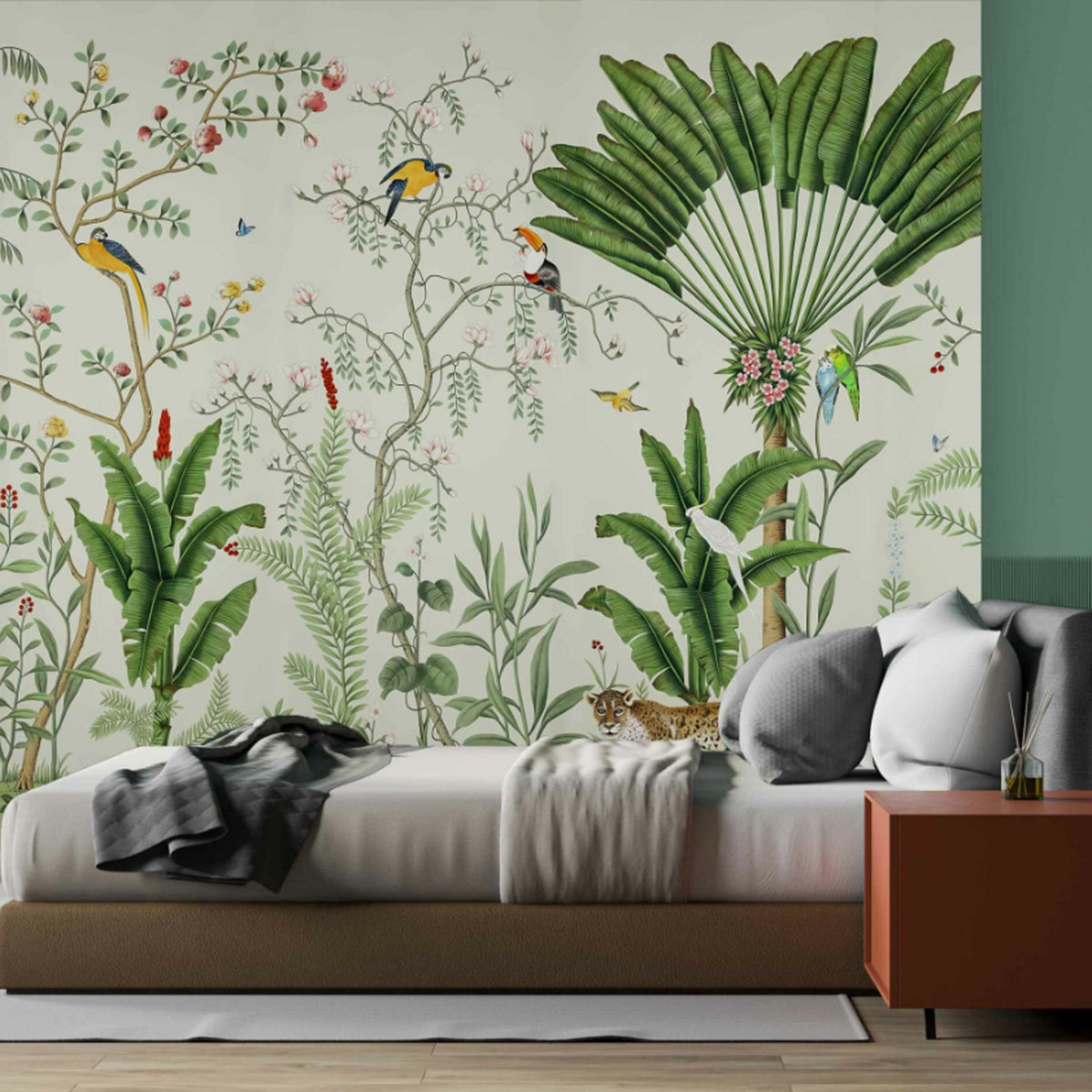 Papier peint arbres tropicaux et oiseaux