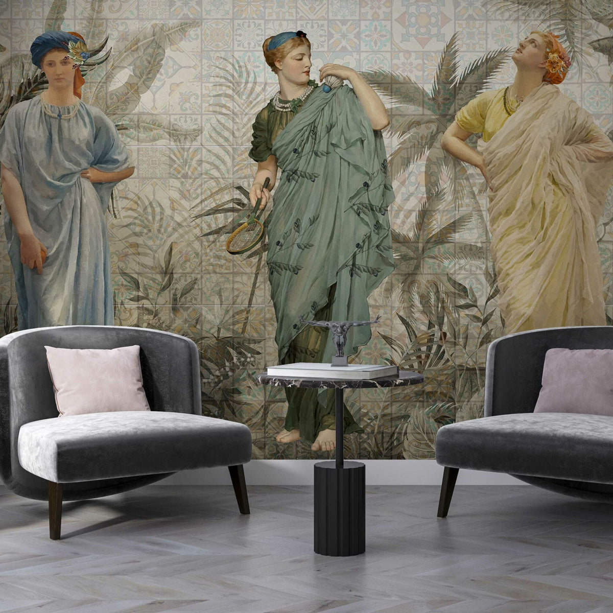 Papier peint femmes en tenue antique et feuillages