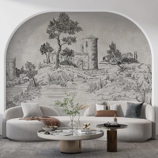 Papier peint grange et arbres au crayon
